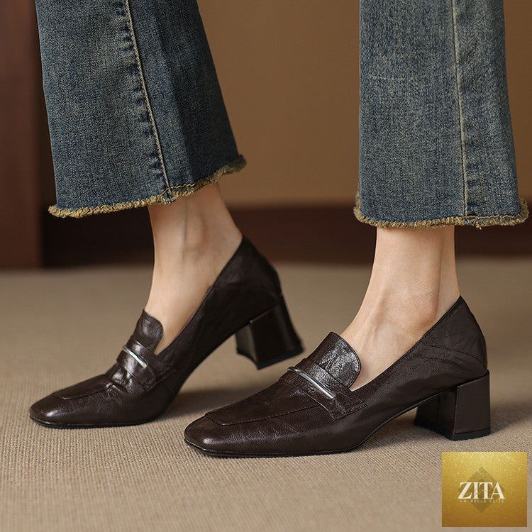 Women’s sheepskin square toe chunky heel pumps by FitiqueFit, featuring a stylish design and comfortable fit.
