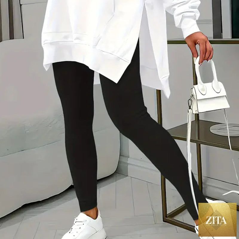 FitiqueFit casual 2-piece set with solid color leggings and letter print hooded sweatshirt, perfect for comfortable everyday wear.