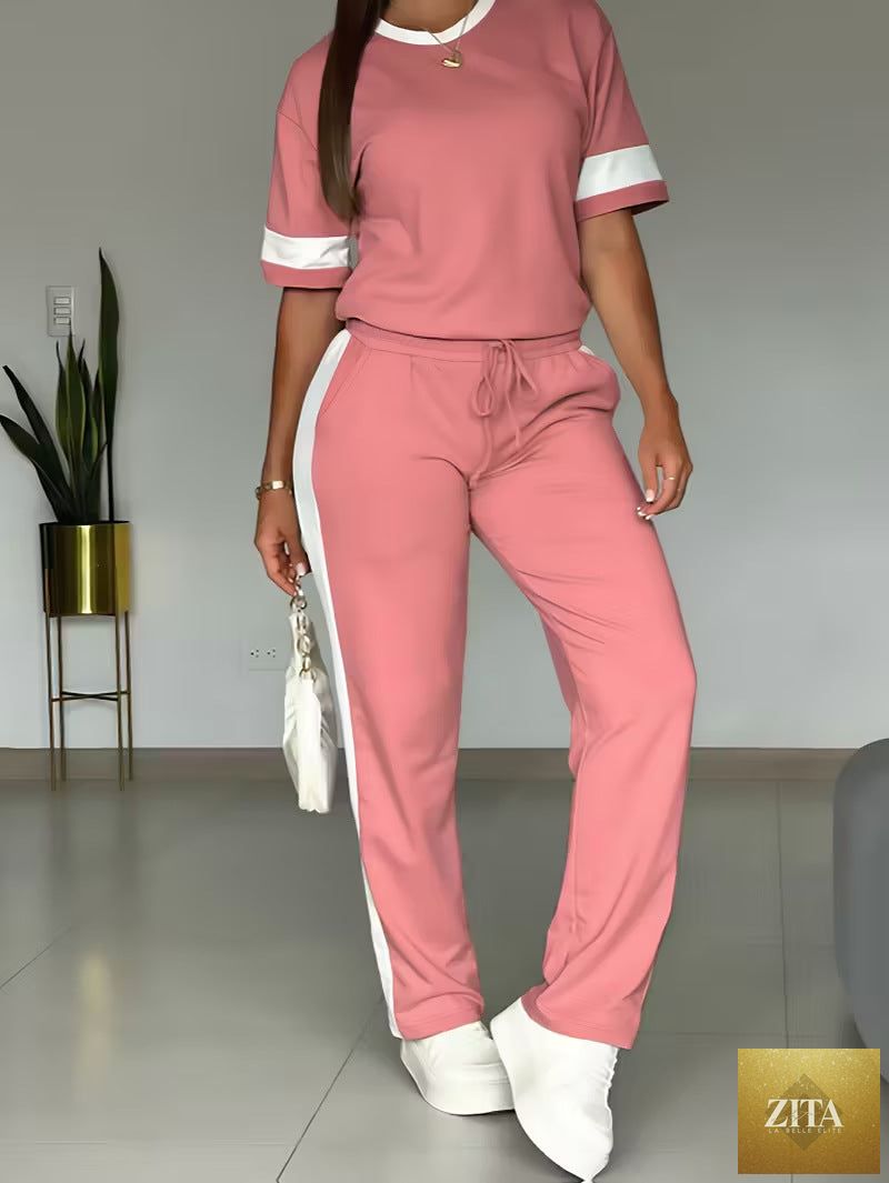 Women's color-block contrast 2-piece casualwear set with top and pants by Zita La Belle Elite, featuring vibrant color-block design.