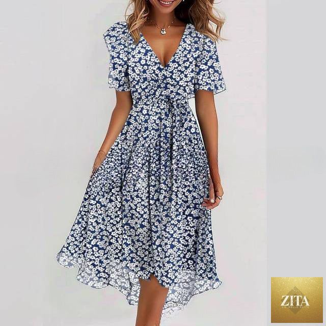 Floral print FitiqueFit A-line V-neck short sleeve midi dress displayed on a hanger, showcasing its vibrant pattern and elegant style.