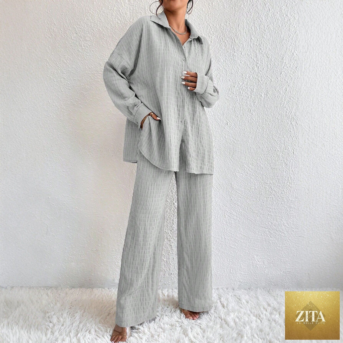 Zita La Belle Elite women's casual two-piece set with pleated long sleeve top and matching pants, stylish and comfortable.