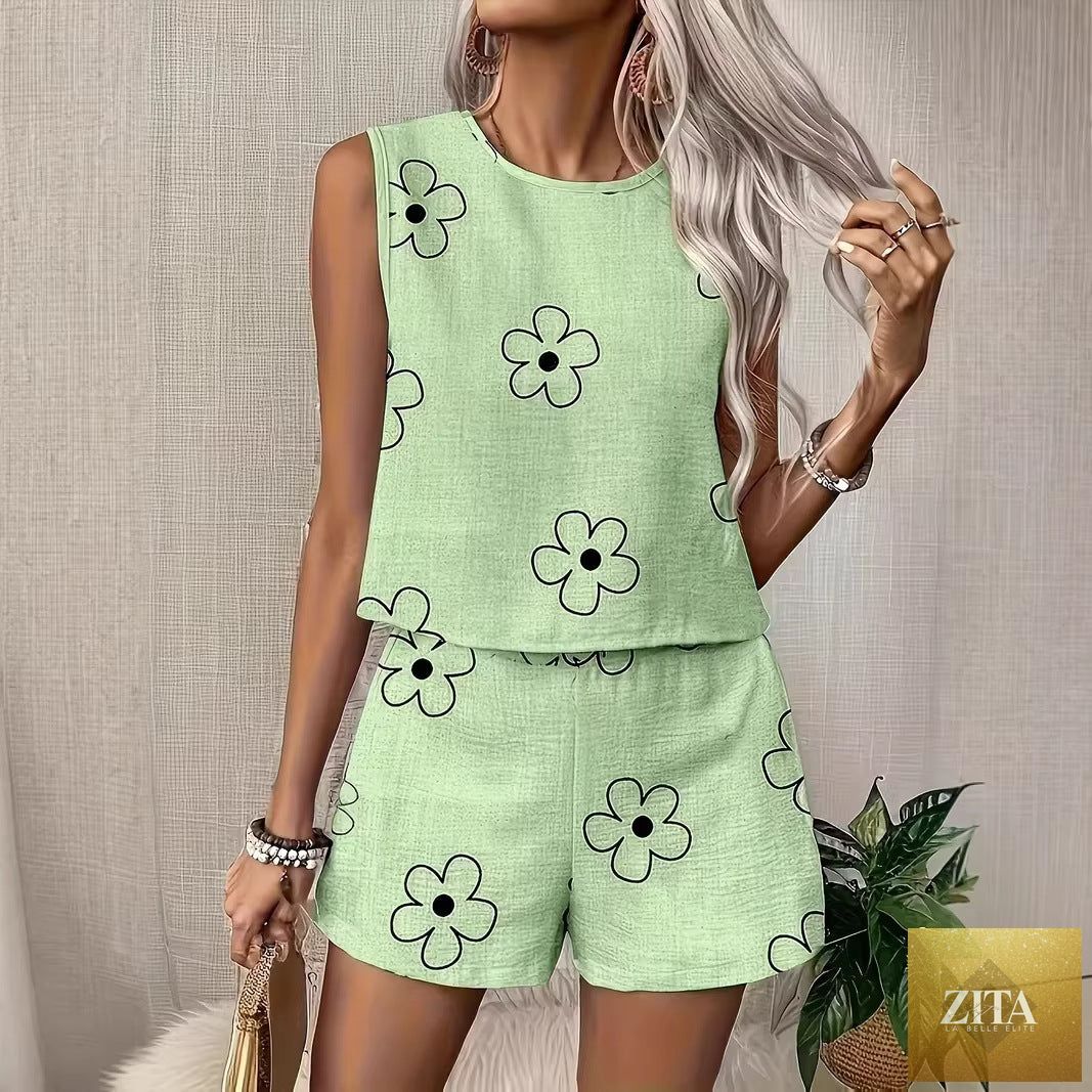 Women's floral print tank top and shorts two-piece casual set by Zita La Belle Elite, perfect for summer wear.