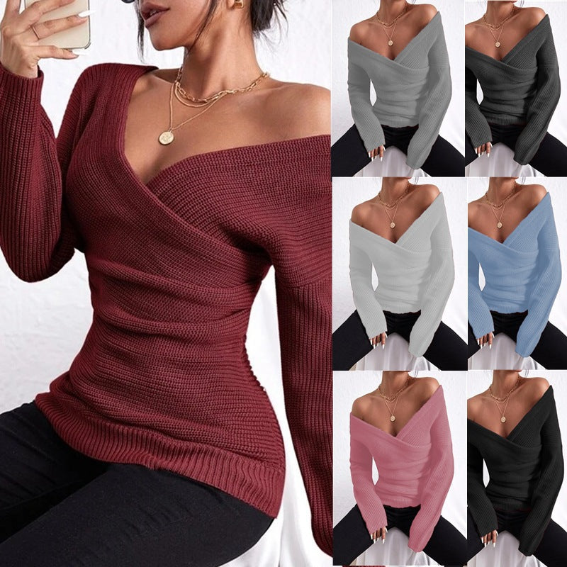 Women's off-shoulder crossover knit sweater by FitiqueFit, slim fit long sleeve casualwear in soft, cozy fabric.