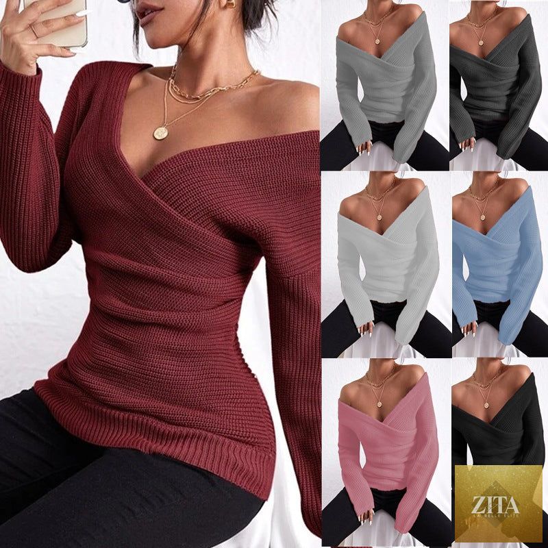 Women's off-shoulder crossover knit sweater by Zita La Belle Elite, slim fit long sleeve casualwear in soft knit fabric.