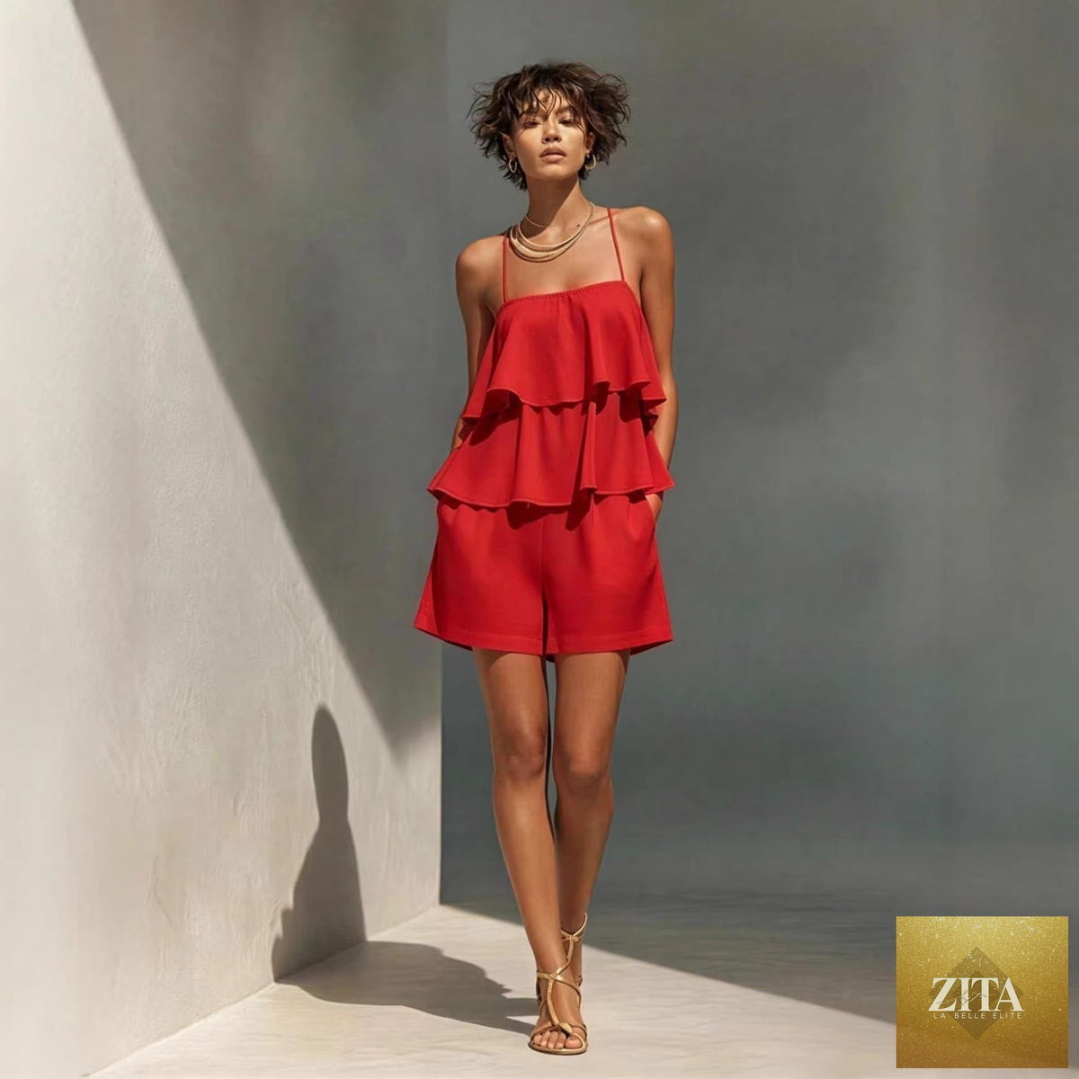 Women's multi-layer ruffle camisole and shorts set by Zita La Belle Elite, casualwear with layered ruffle details and relaxed fit.