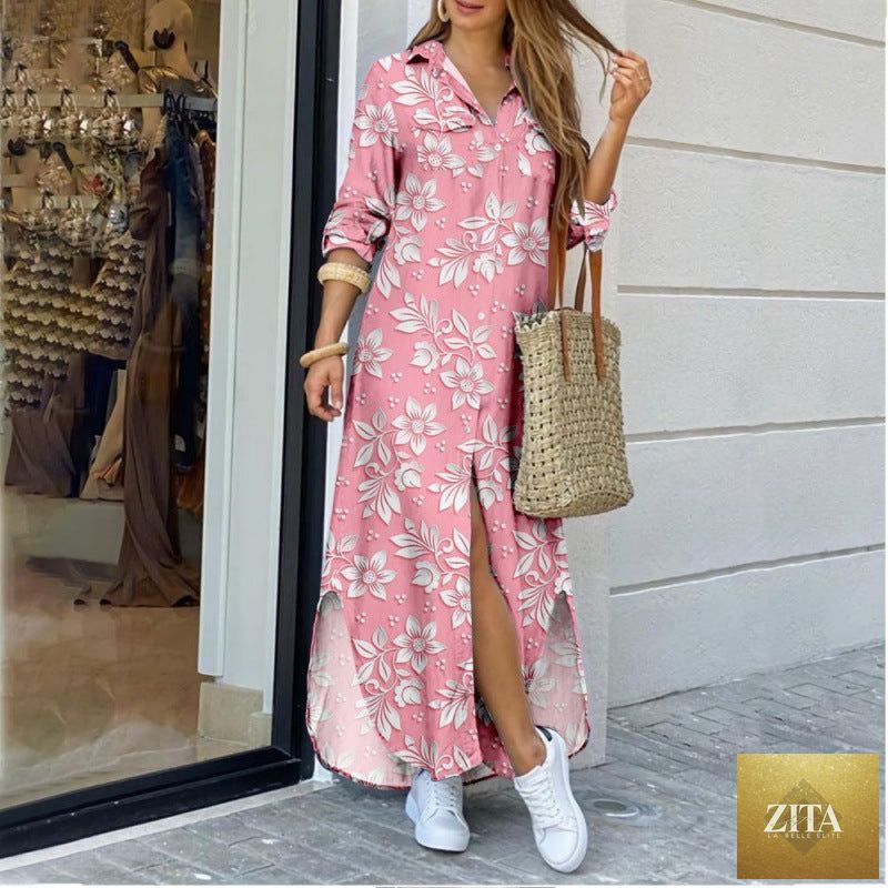 Women's floral print midi shirt dress with lapel collar and relaxed fit by Zita La Belle Elite, shown in a stylish long dress design.