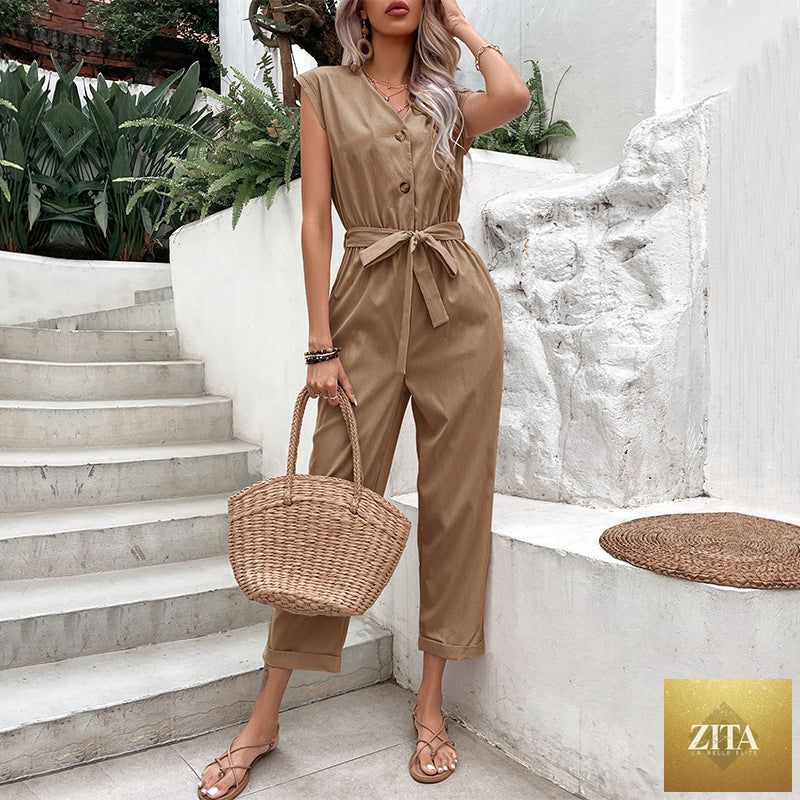 Women's high-waist cropped strap jumpsuit by Zita La Belle Elite, shown in a casual style with adjustable straps in multiple colors.