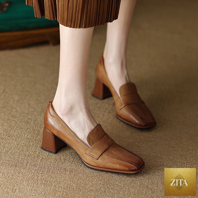 Women's sheepskin square toe chunky heel pumps by FitiqueFit, featuring retro high heel dress shoes with a stylish design.