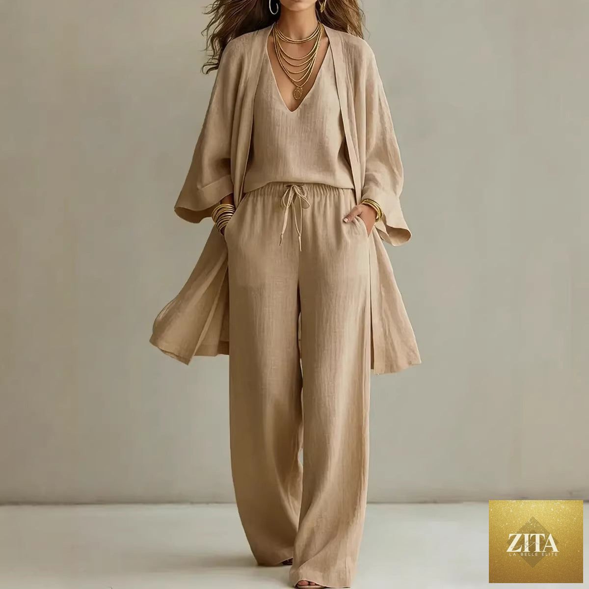 Zita La Belle Elite women's casual V-neck cardigan coat, pocket vest, and long pants three-piece set, styled for comfort and warmth.