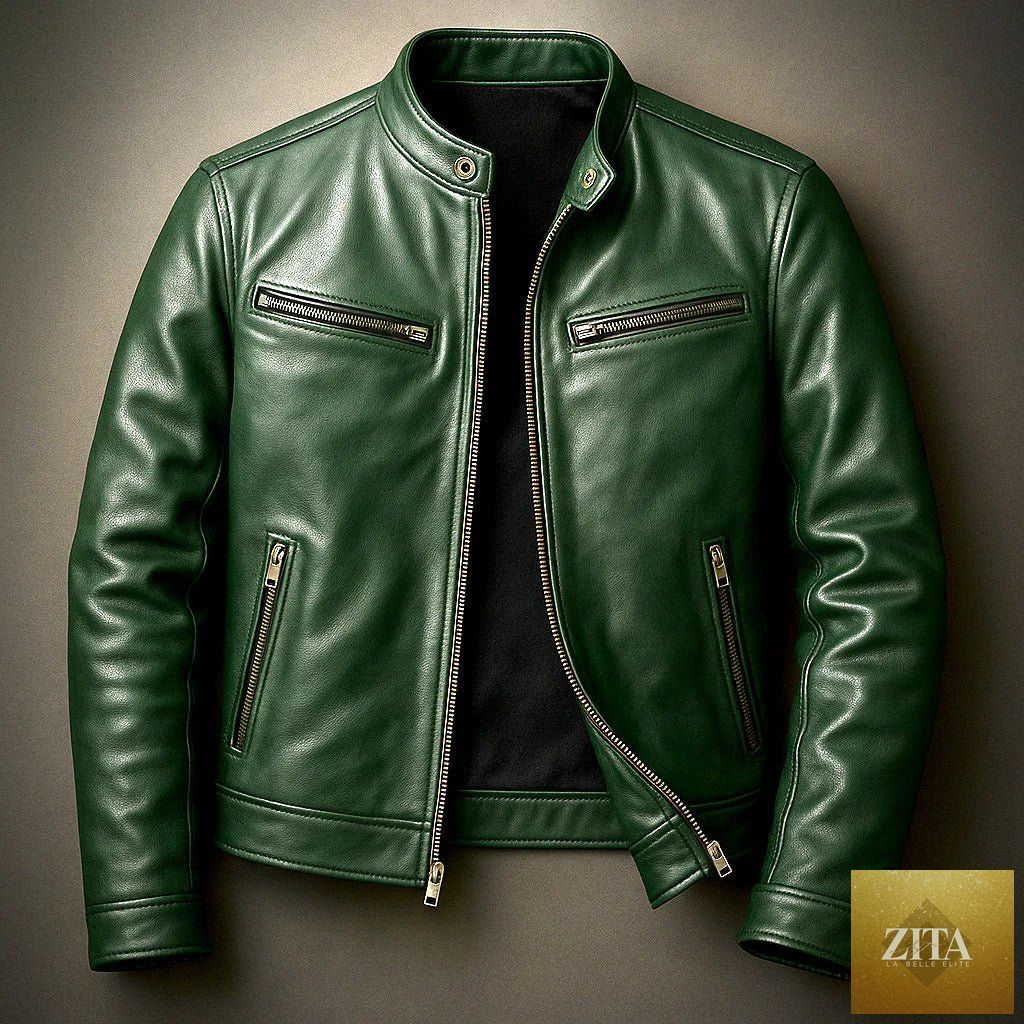 Men's black PU leather motorcycle jacket with stand-up collar, featuring zipper details and a fitted style from MANDOTOS.