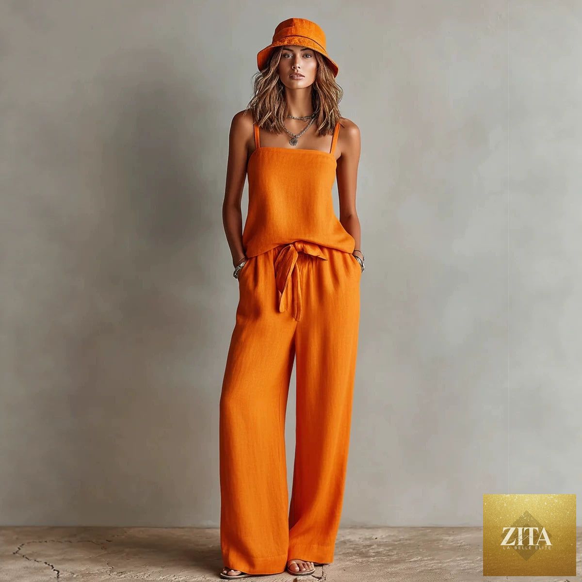 Zita La Belle Elite women's casual two-piece set with spaghetti strap cami top and wide-leg pants, stylish and comfortable.