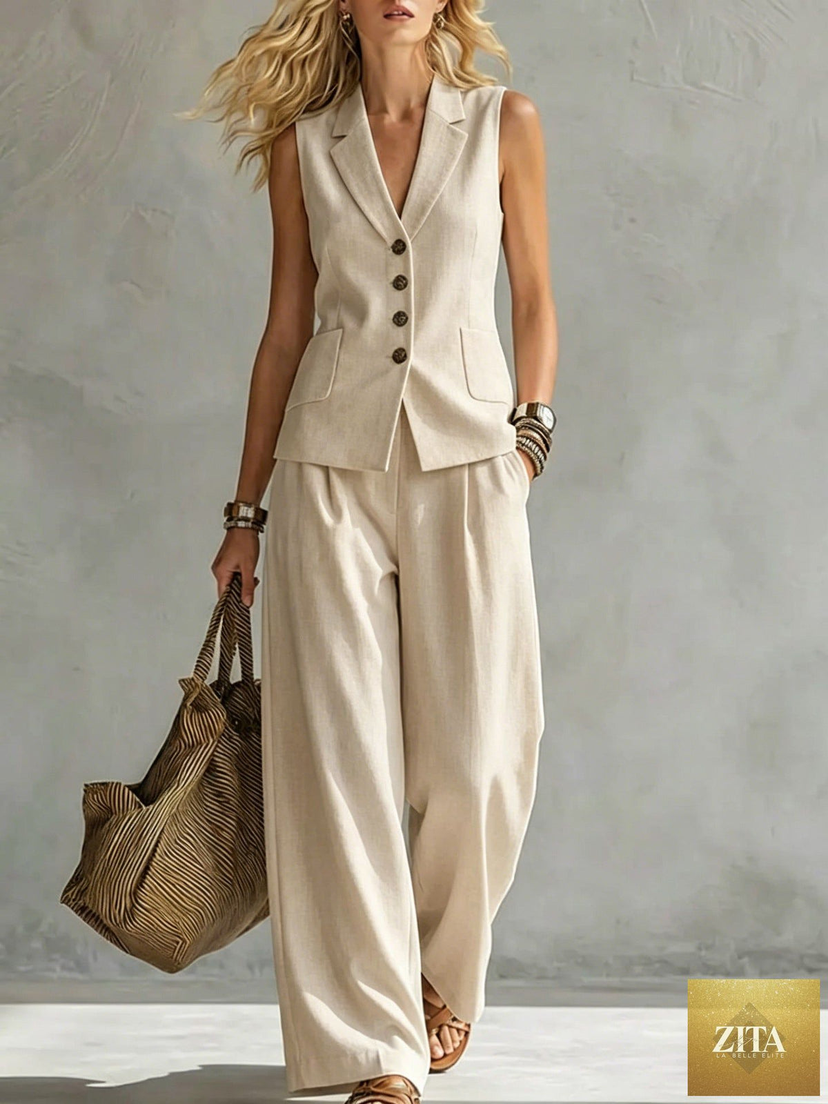 Women's solid linen sleeveless tank top and full-length pants set by Zita La Belle Elite, casualwear outfit, natural fabric, relaxed fit