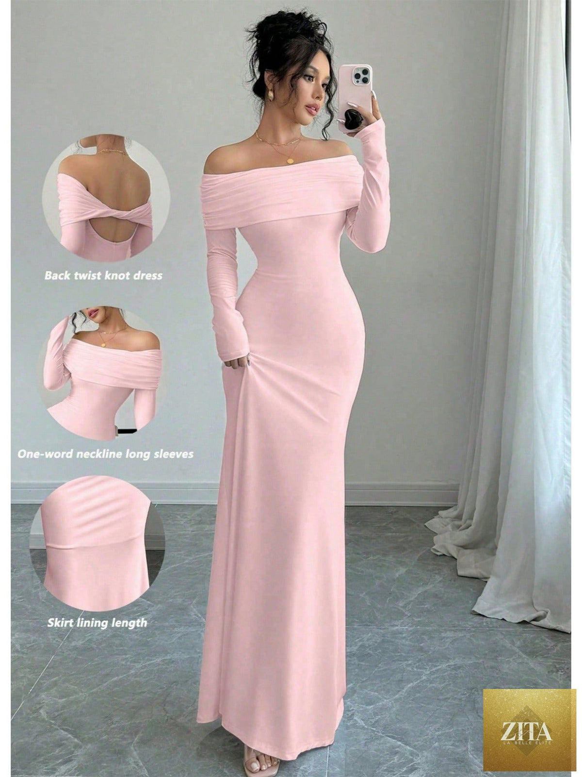 Elegant off-shoulder midi evening gown for women, stylish evening dress from Trendy Attic Store01 with flowing fabric and sophisticated design.