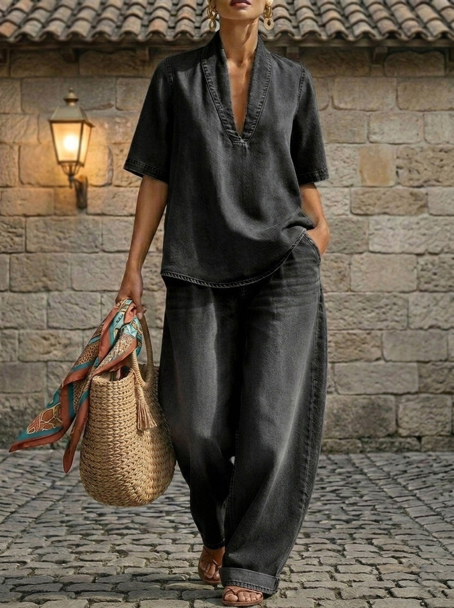FitiqueFit retro V-neck washed denim top and wide-leg pants set in three colors, casualwear for sizes S to 3XL.