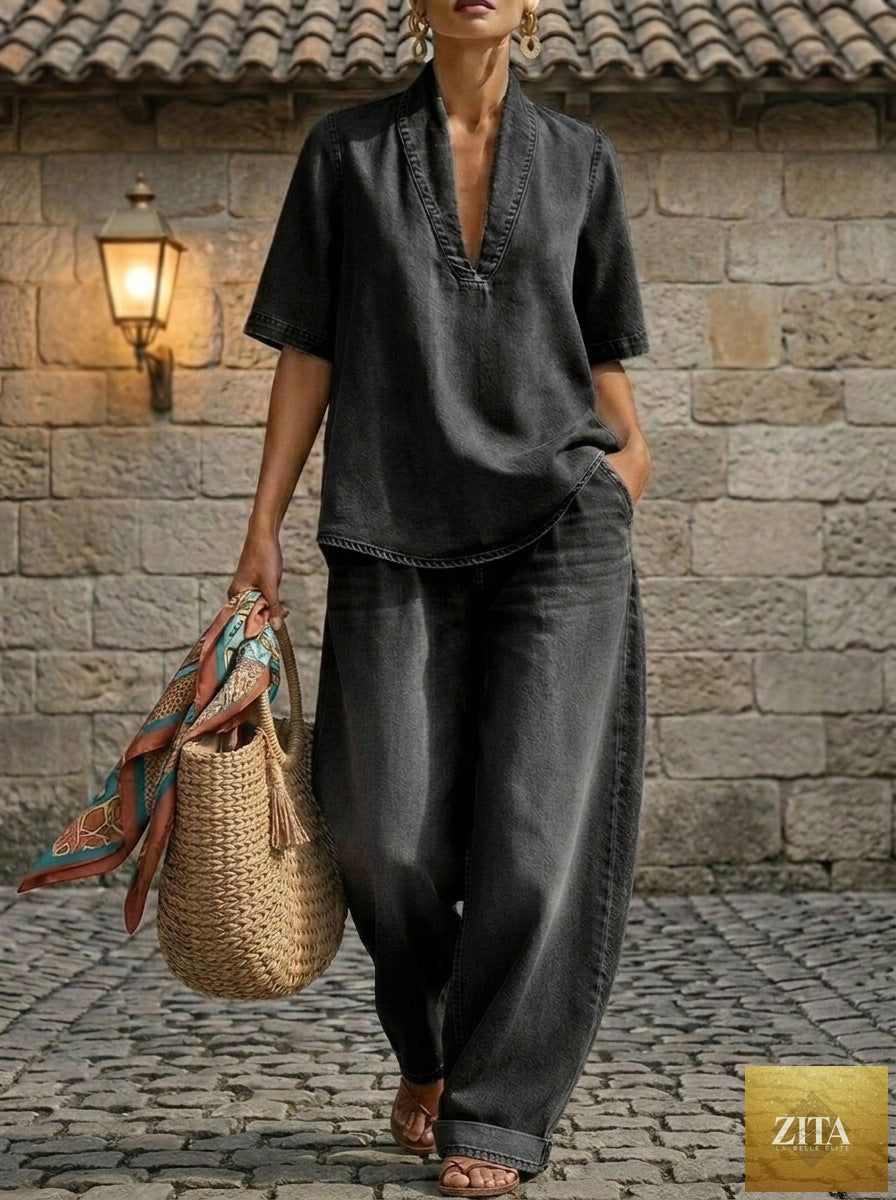 Zita La Belle Elite casualwear set featuring retro V-neck washed denim top and wide-leg pants in three colors, available in S–3XL.