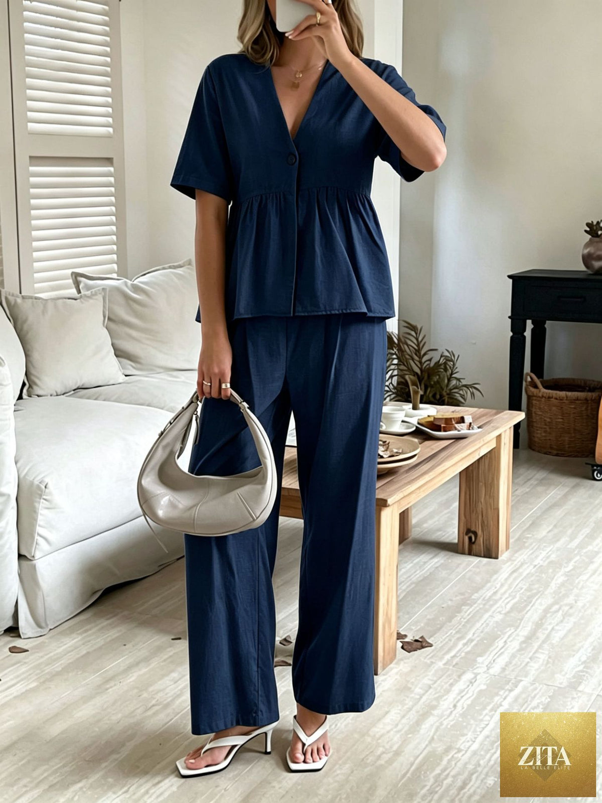 Zita La Belle Elite women's casual V-neck loose short-sleeve top and wide-leg pants set, in soft, comfortable fabric.
