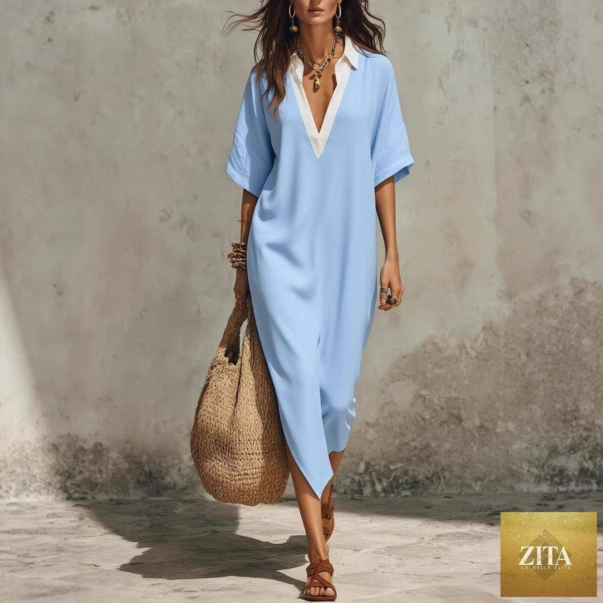 Women's linen midi dress with V-neck and cropped sleeves, casualwear by FitiqueFit featuring pockets and a relaxed fit.