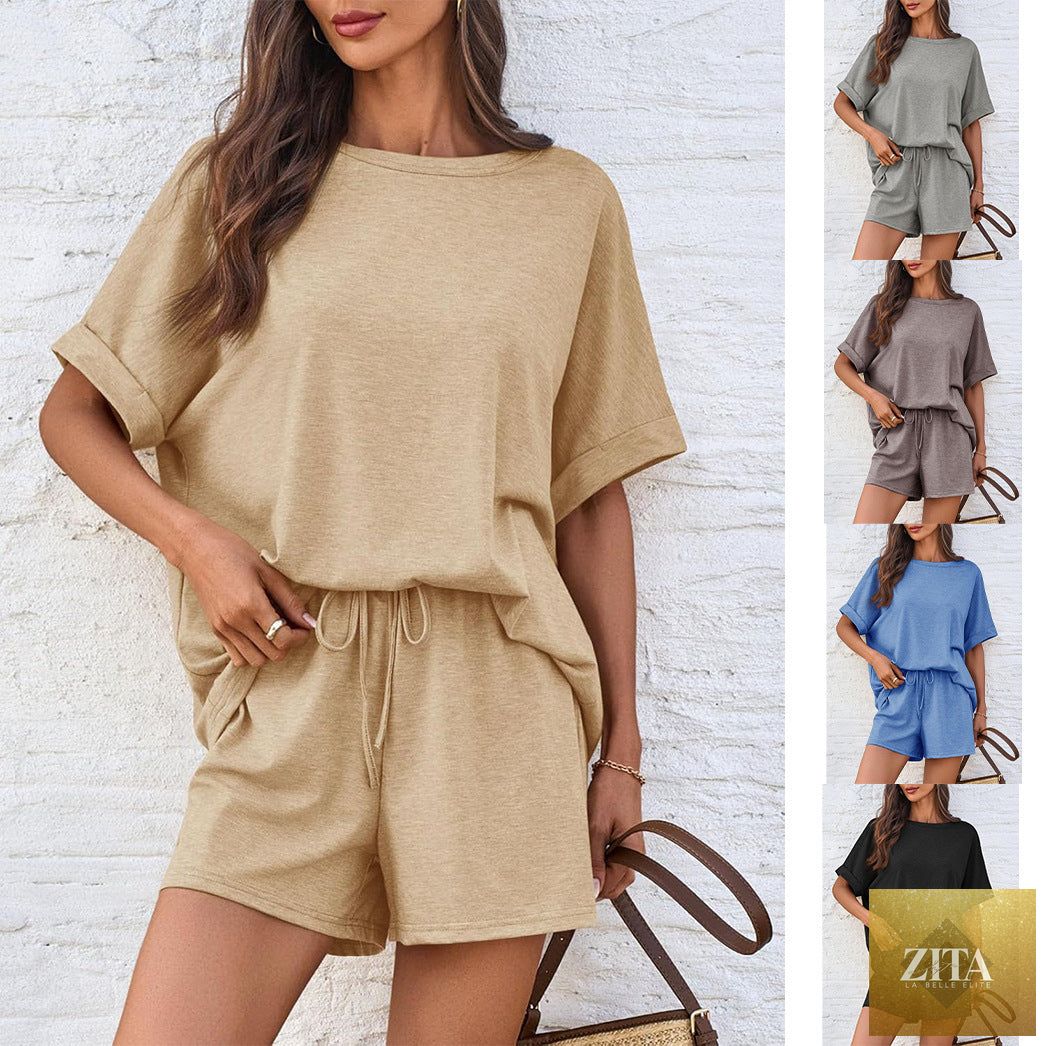 Zita La Belle Elite oversized casual T-shirt and drawstring shorts set in soft fabric, perfect for relaxed, comfortable style.