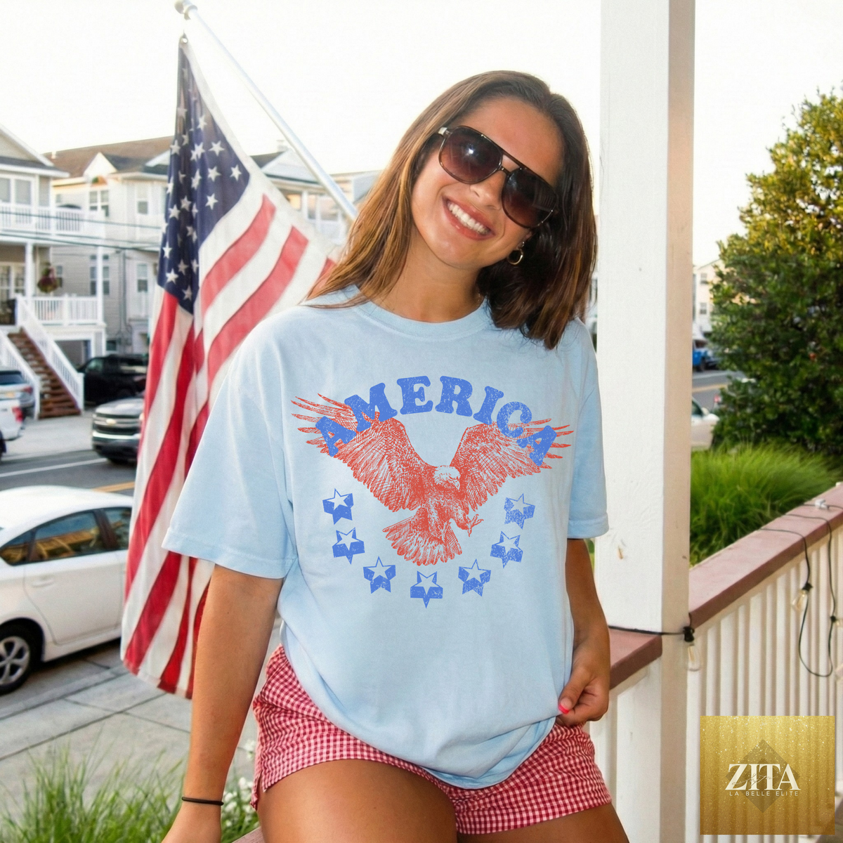 Hey Jude Graphic Tees America Eagle vintage patriotic graphic T-shirt with patriotic designs on chambray fabric.