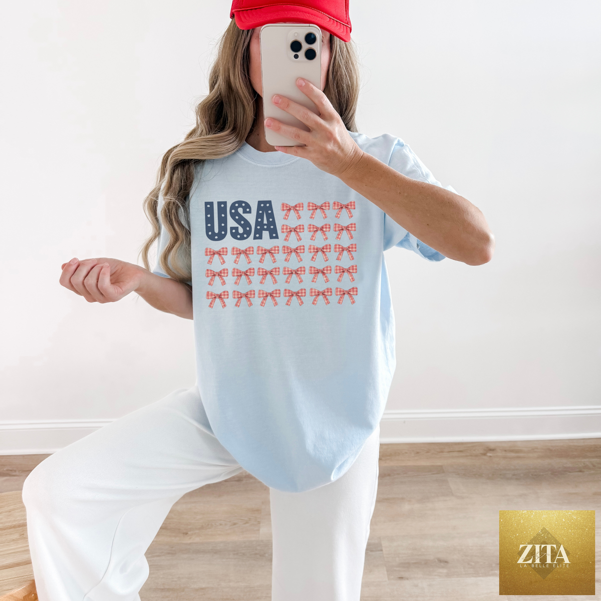Hey Jude Graphic Tees patriotic USA bow flag graphic tee featuring gingham bows on chambray fabric.