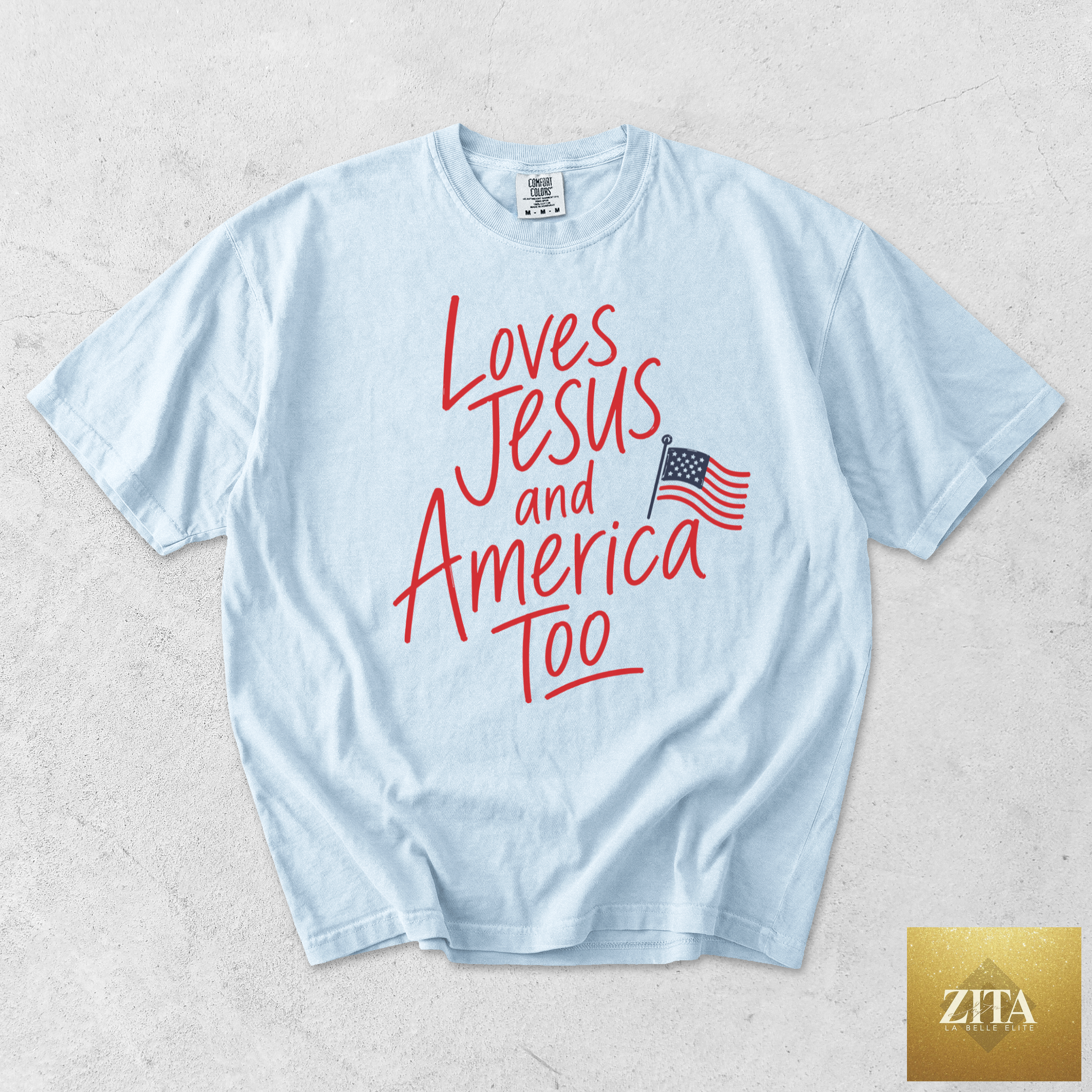 Chambray Loves Jesus and America Too T-Shirt by Hey Jude Graphic Tees, featuring patriotic and religious design on soft fabric.