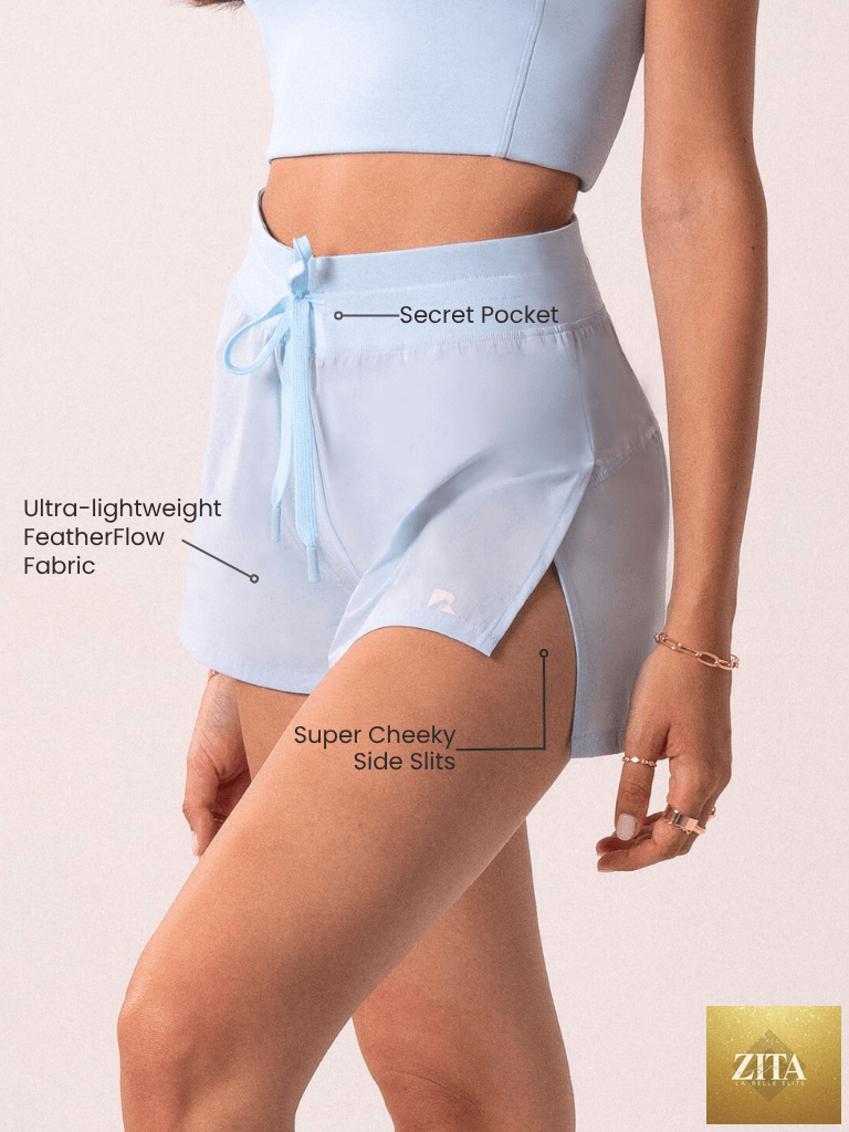 Baby blue Cheeky Flyaway Shorts by Runner's Athletics, designed for women's running and workouts, with a lightweight, breezy fit.