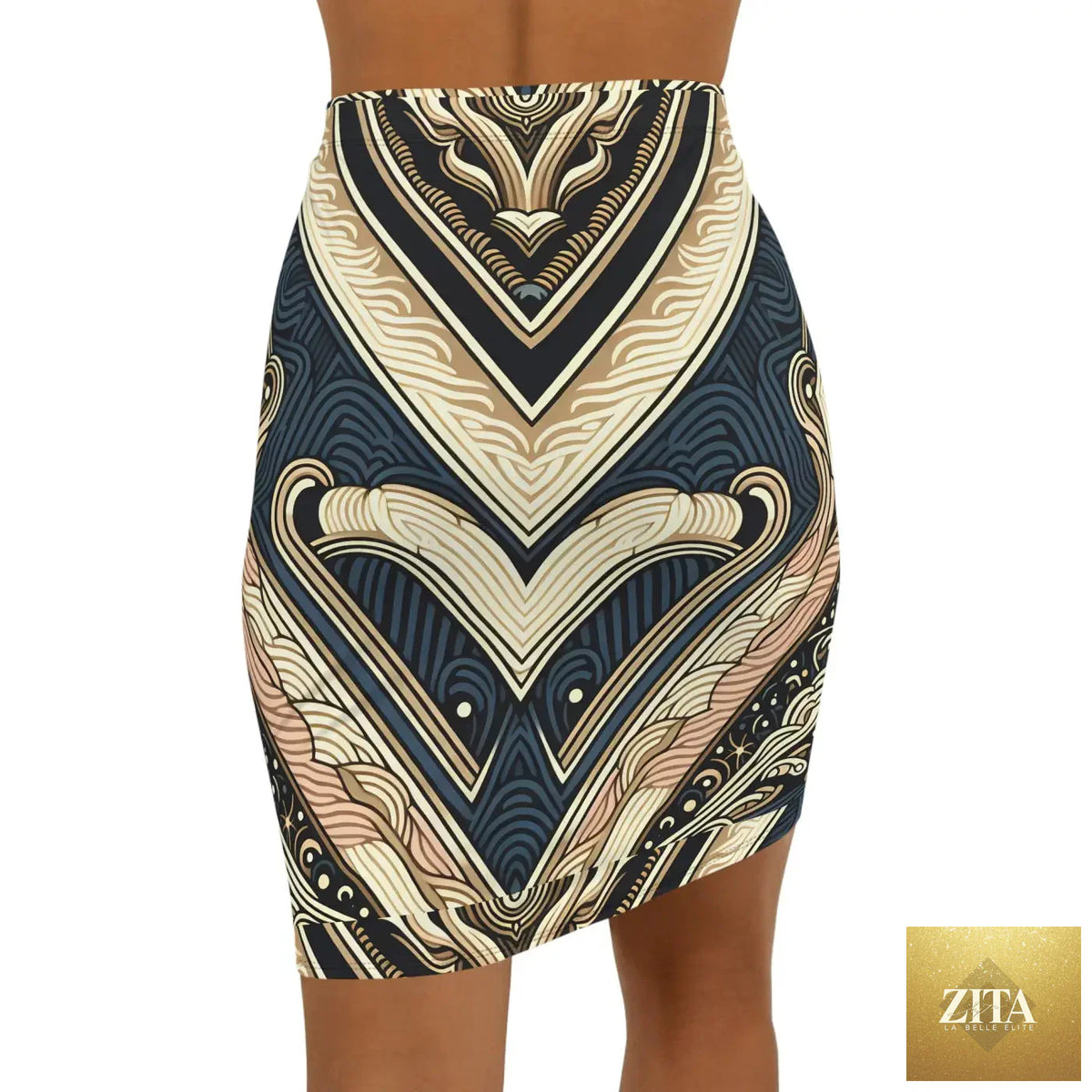 Mid-waist Chic Geometric Pencil Skirt for women, stylish office wear by DipaliZ, featuring a modern geometric pattern.