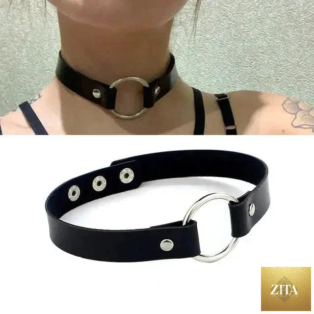 Close-up of a stylish black leather collar with metal buckle from MANDOTOS, showcasing its chic design and craftsmanship.