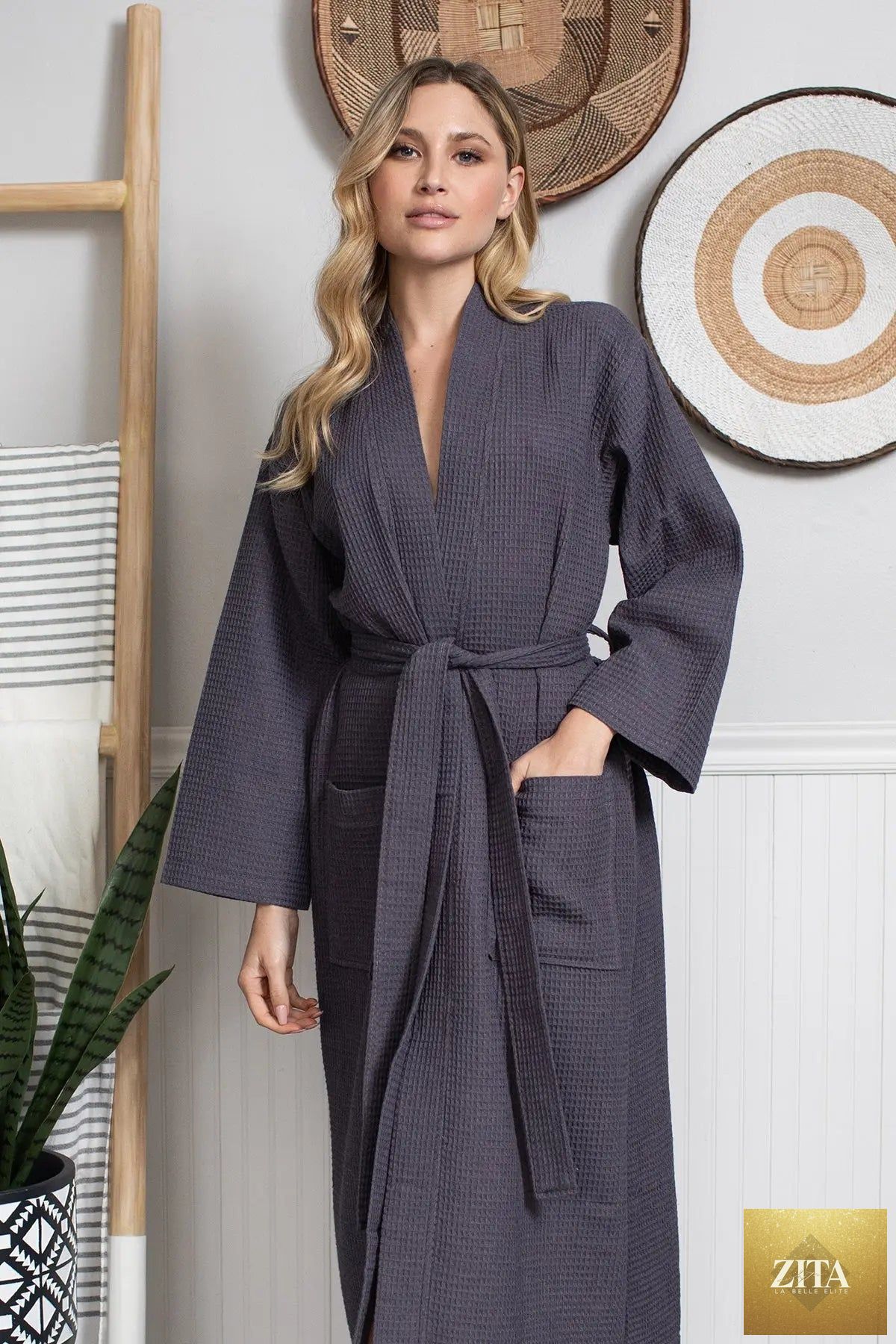 Lightweight women's waffle robe from Lotus Linen, quick-drying spa robe perfect for cozy comfort and relaxation.