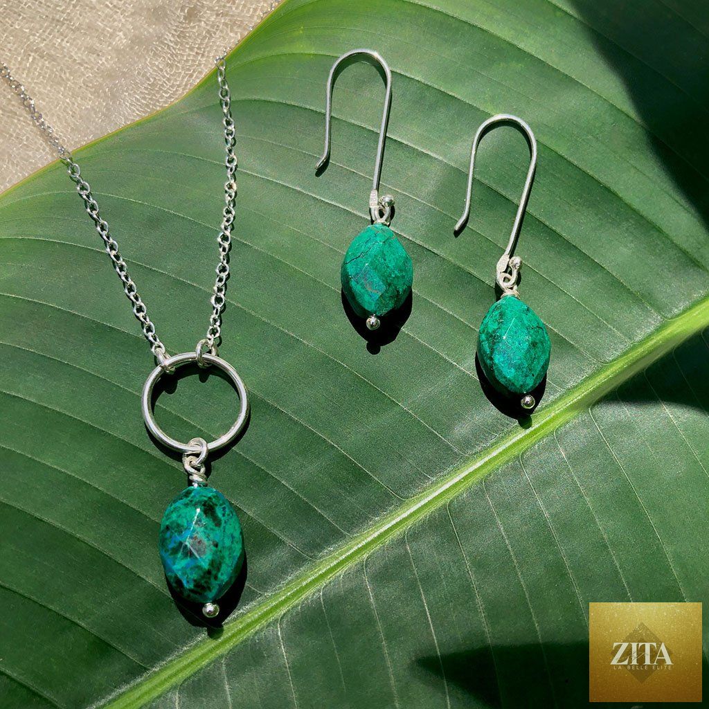 Sterling silver Chrysocolla circle necklace with matching earrings featuring emerald green healing gemstones.