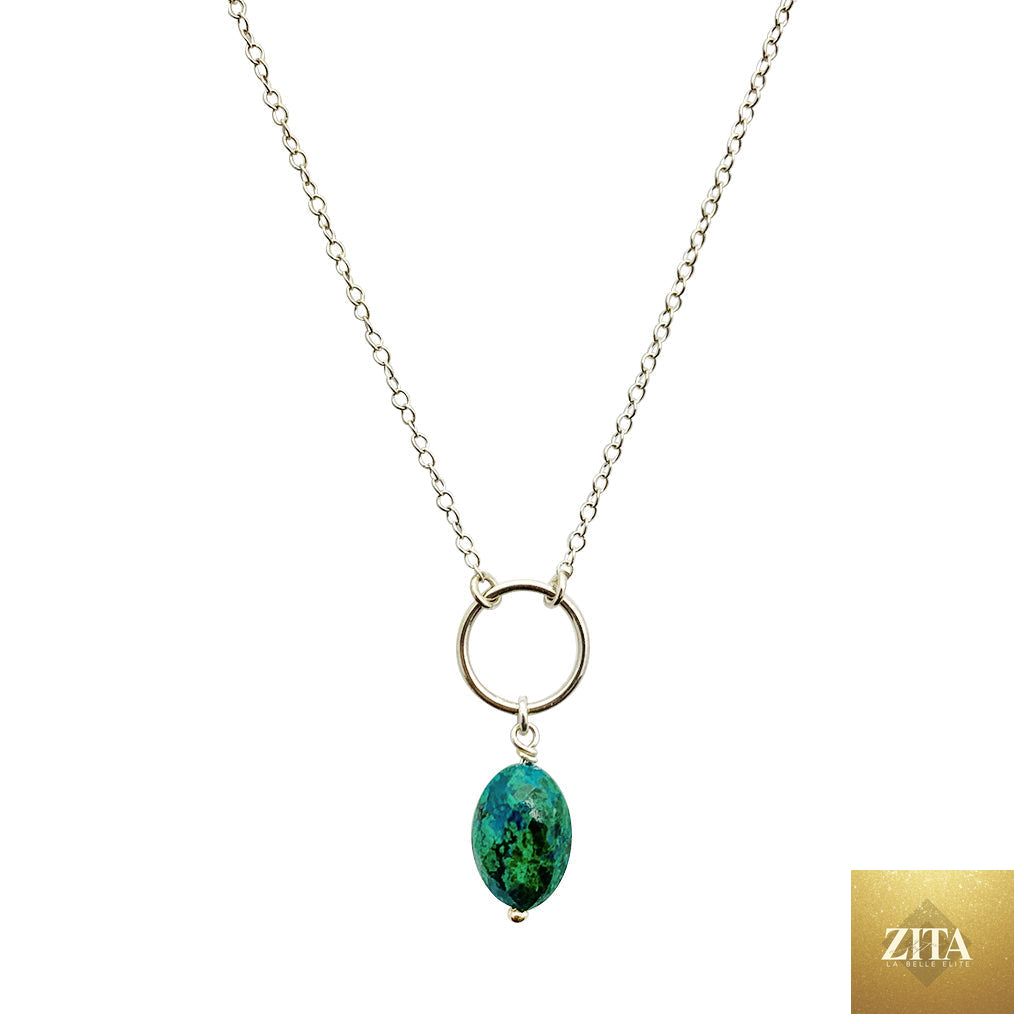 Sterling silver Chrysocolla circle necklace with emerald green healing gemstone, featuring a polished, vibrant pendant design.