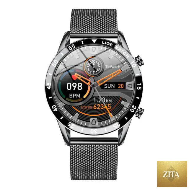 Mandotos Circle Elite waterproof smart watch with round display and fitness tracking features showing on the screen.