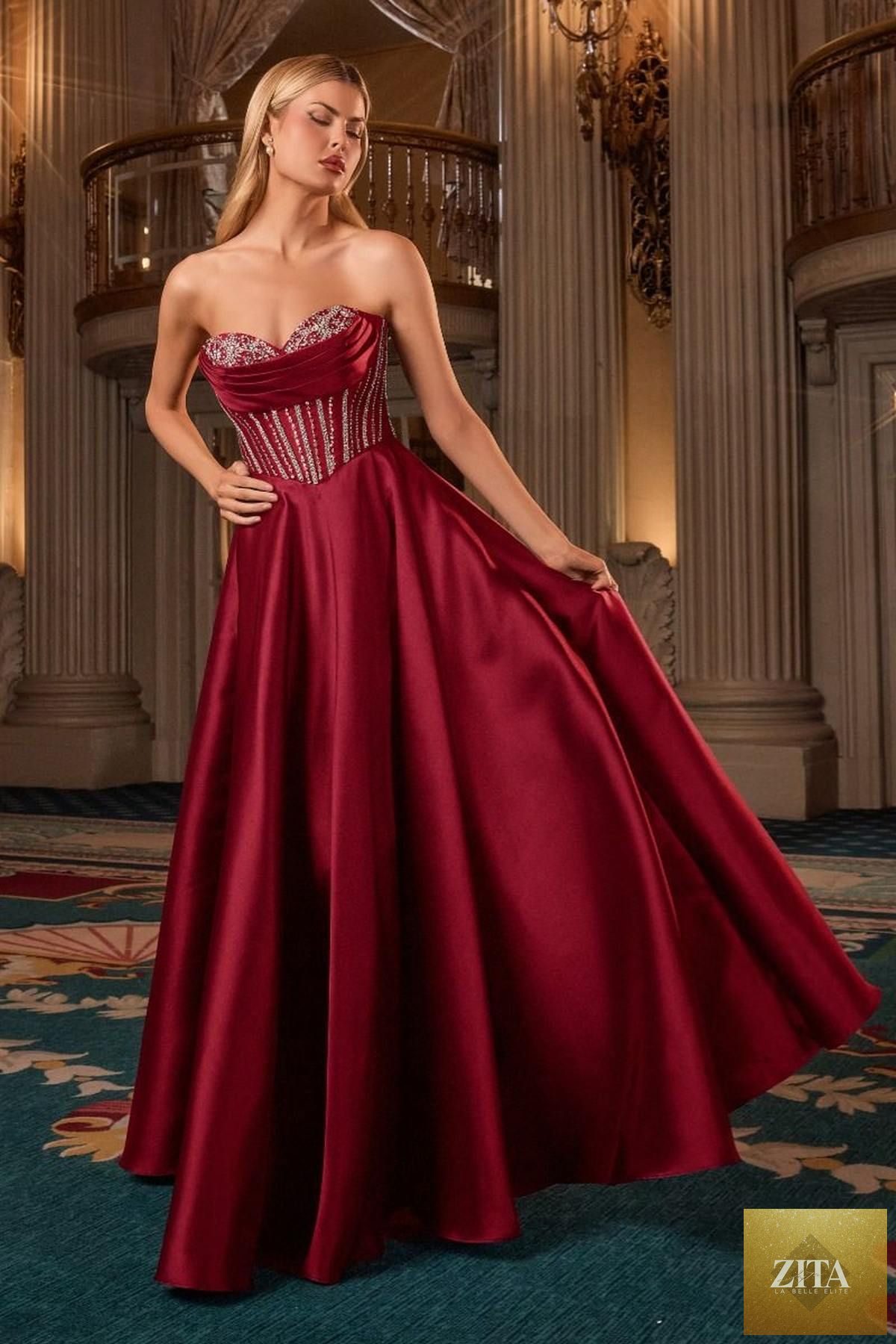 Burgundy Ladivine CK2405 luxurious strapless ball gown with sweetheart neckline, made of Mikado fabric, front view.