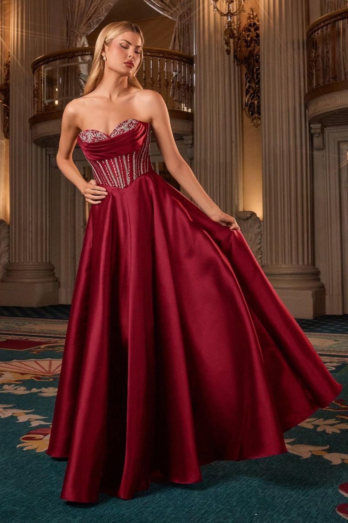 Burgundy Ladivine CK2405 luxurious ball gown dress with mikado fabric, strapless sweetheart neckline, front view.
