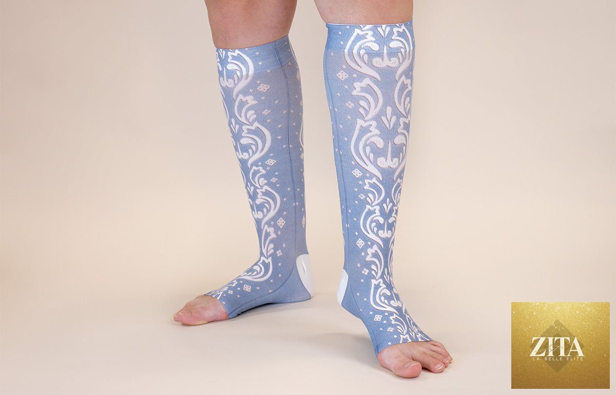 LympheDIVAs Claire gradient compression socks with a colorful, patterned design, providing support and comfort for leg health.