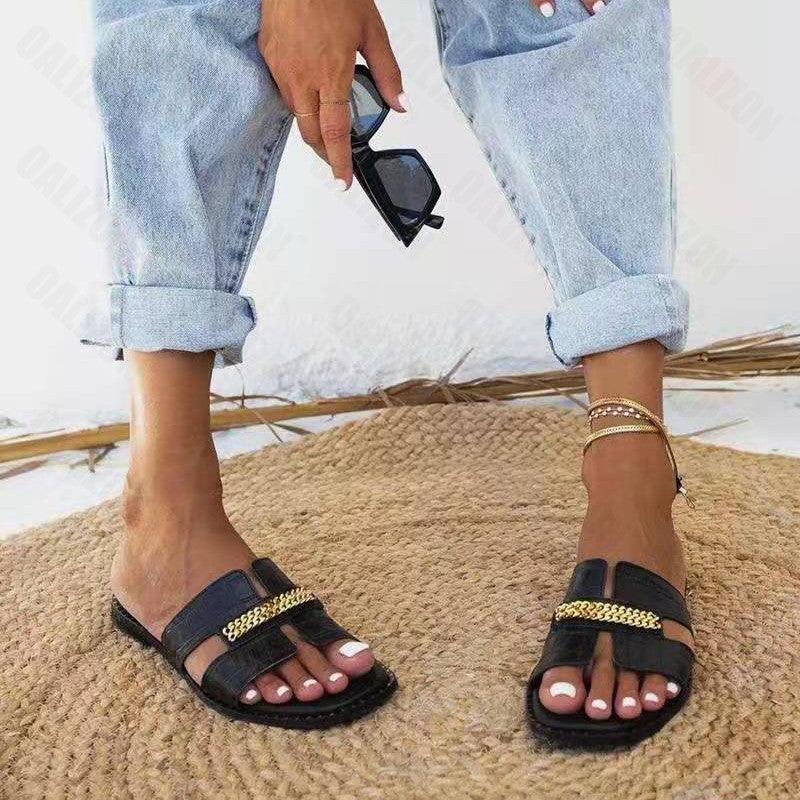 Stevvex women's flat flip flops with double chain straps, elegant and casual beach shoes, comfortable flat sandals for women.