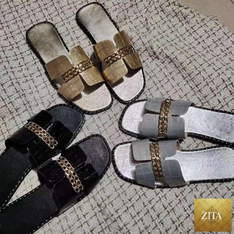 Stevvex women’s flat flip flops with double chain straps, elegant and casual beach sandals, comfortable strappy slip-on shoes