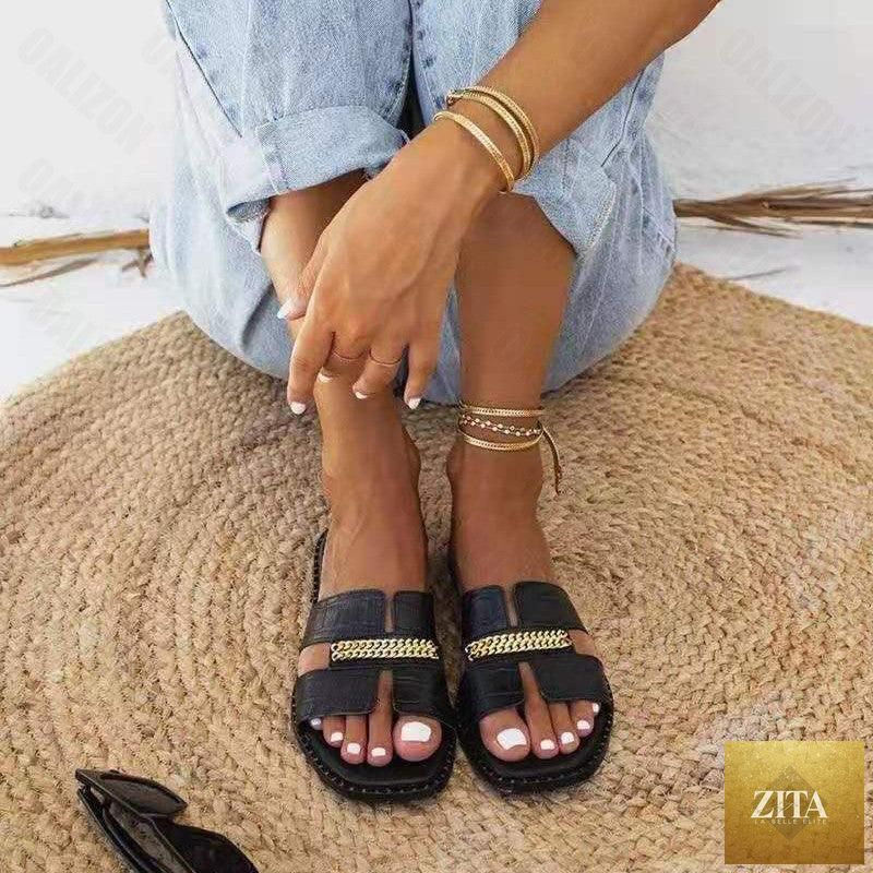 Stevvex women's flat flip flops with double chain straps, elegant strappy design, casual beach shoes, comfortable flat sandals
