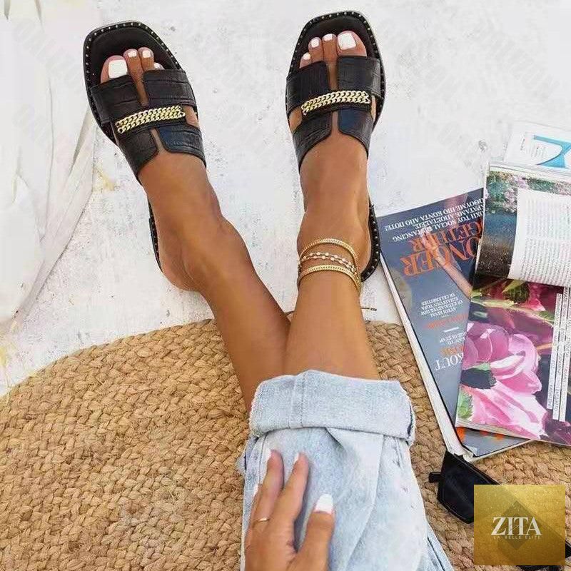 Stevvex women's flat flip flops with double chain straps, elegant strappy design, casual beach footwear, comfortable flat sandals.
