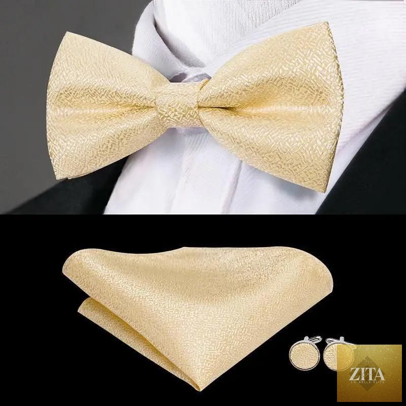Elegant green silk butterfly bow tie with matching pocket square and cufflinks set for men, perfect for weddings and formal events.