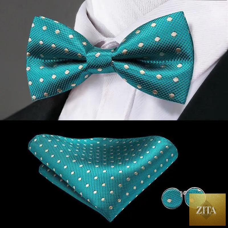 Elegant green silk bow tie with matching pocket square and cufflinks set, perfect for weddings and formal events.