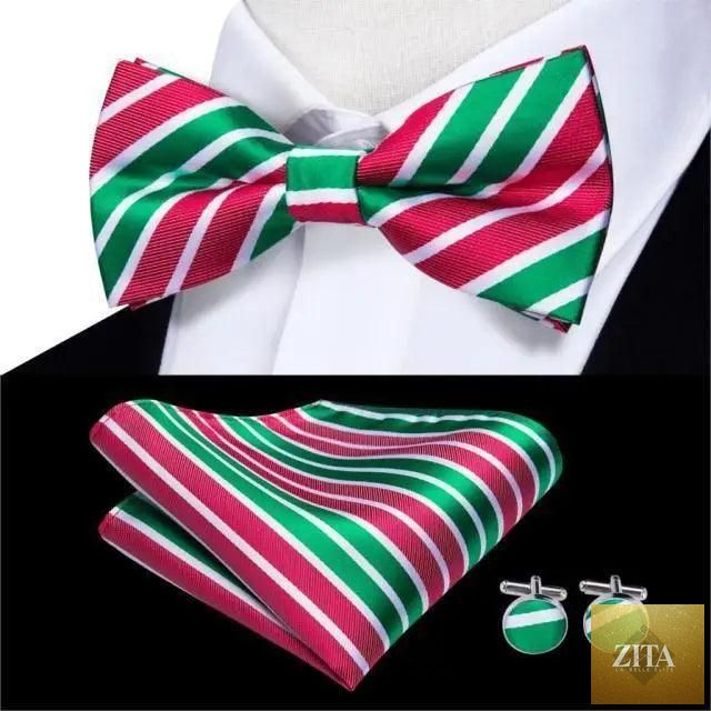 Elegant green silk bow tie set for men with matching pocket square and cufflinks, ideal for weddings and formal occasions.