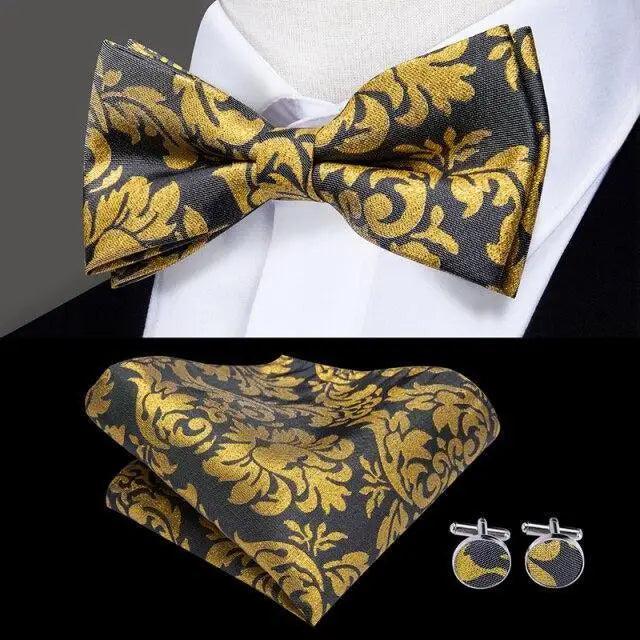 Classic Green Bow Ties Men Silk Butterfly Tie With Pocket Square And Cufflinks Set For Men Elegant Design Wedding Party Bowties Solid Color Gentleman Bow Tie And Pocket Square Cufflink Set
