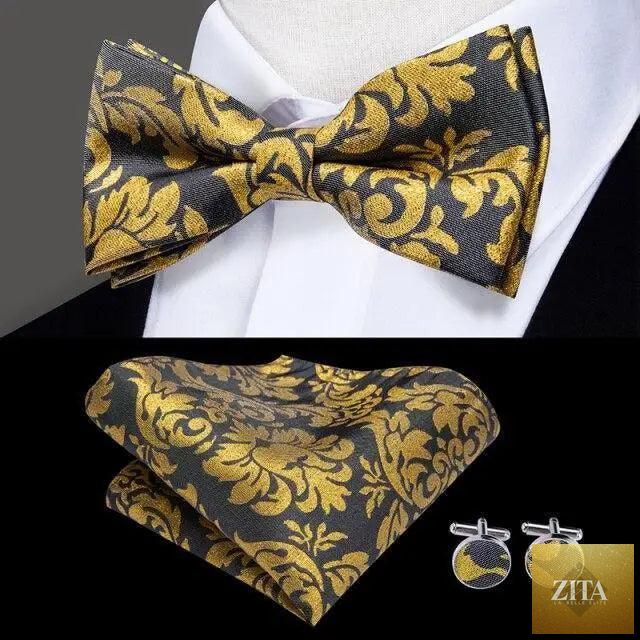 Elegant green silk butterfly bow tie set with matching pocket square and cufflinks, perfect for weddings and formal occasions.
