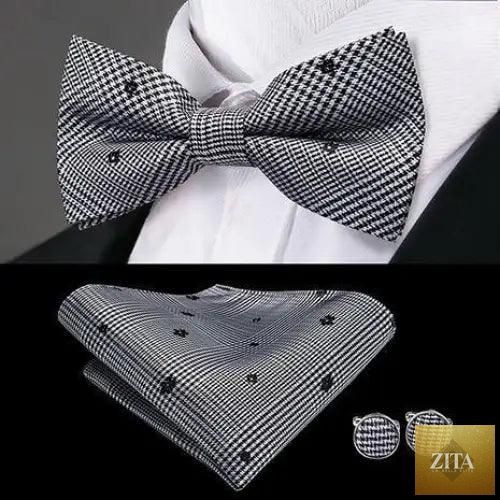 Elegant green silk bow tie set with matching pocket square and cufflinks for men, suitable for weddings and formal events.