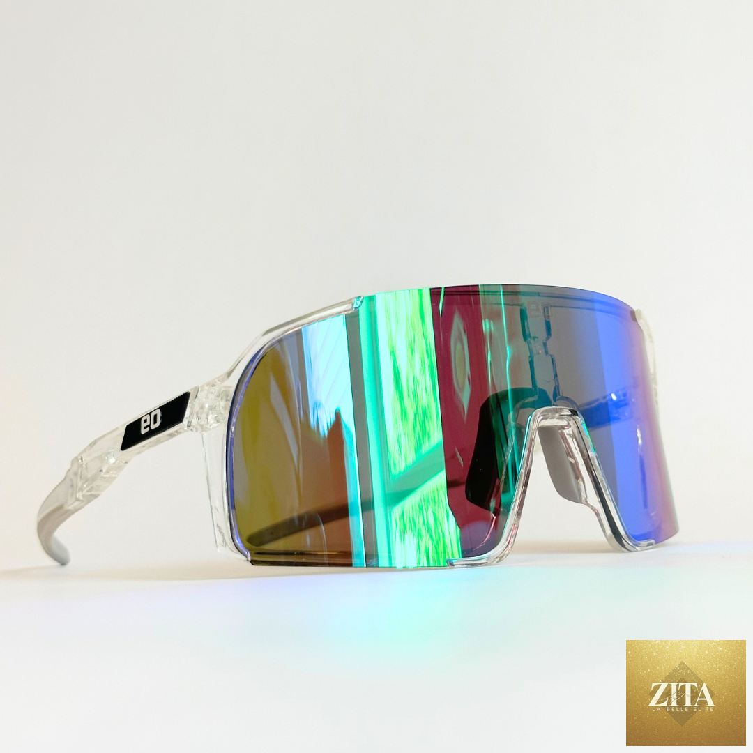 Eastern Outer Uno Mas Photochromic+ sunglasses with clear frames and green mirror lenses, designed for versatile outdoor wear.