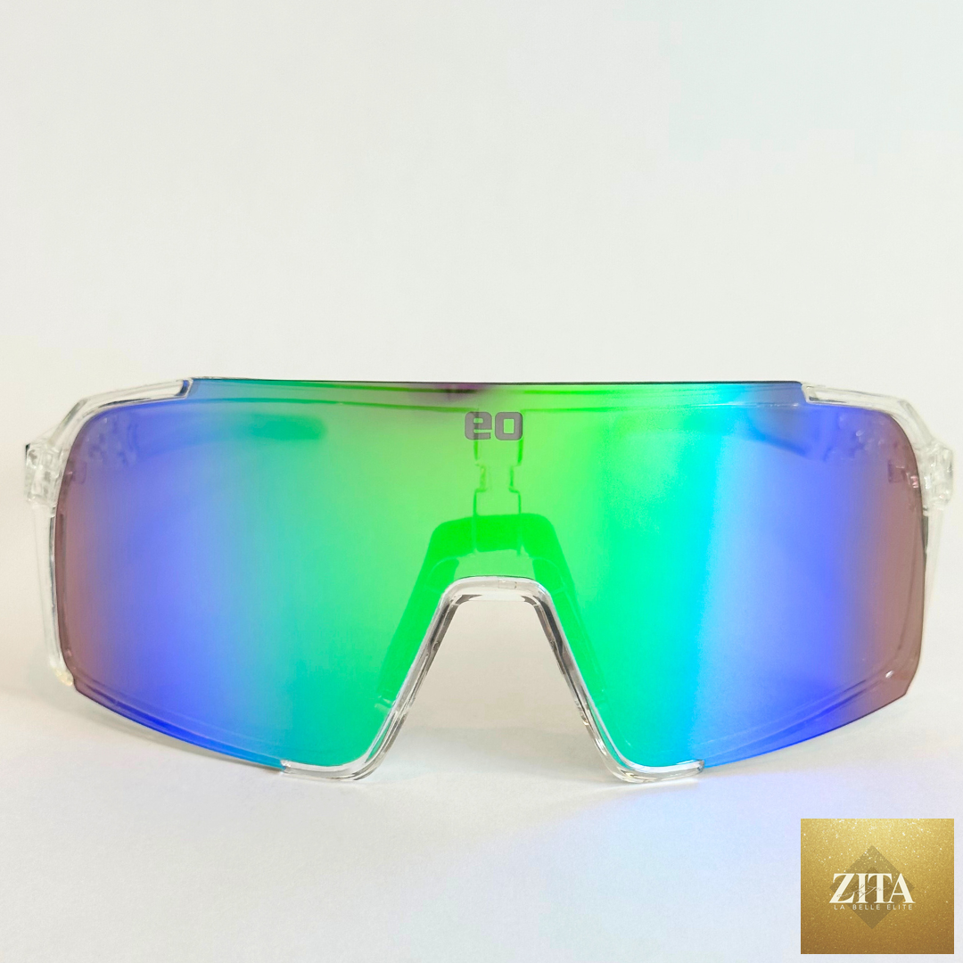 Eastern Outer Uno Mas Photochromic+ sunglasses with clear frames and green mirror lenses, stylish and versatile eyewear.