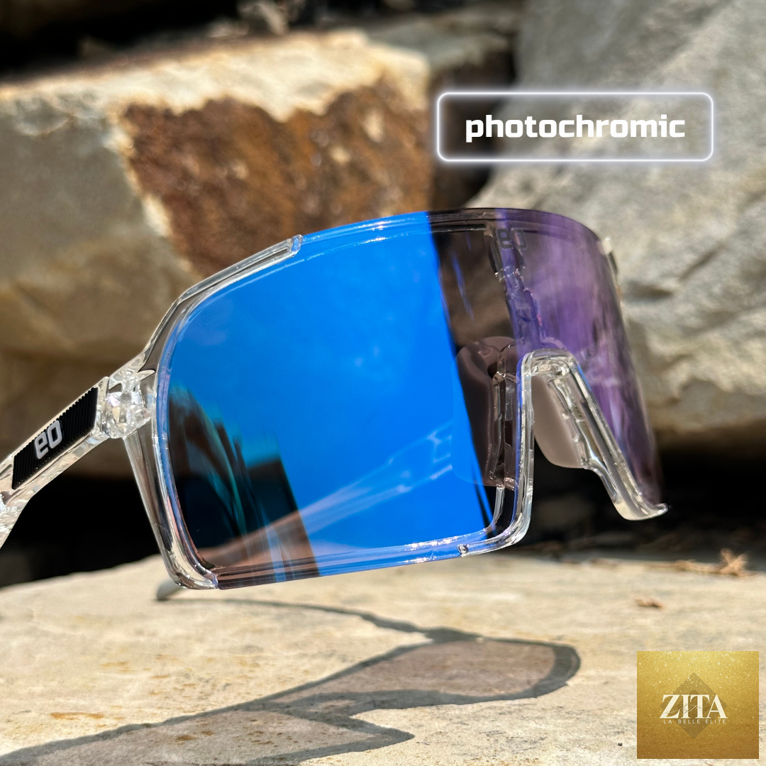 Eastern Outer Uno Mas Photochromic+ sunglasses with clear to dark blue lenses, showcasing their adjustable photochromic feature.