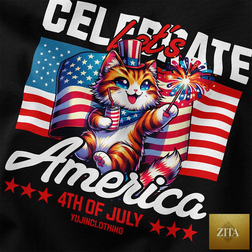 Closeup of Celebrate 4th July Cat T-Shirt by Zita La Belle Elite, featuring a festive cat design on a comfortable cotton T-shirt.