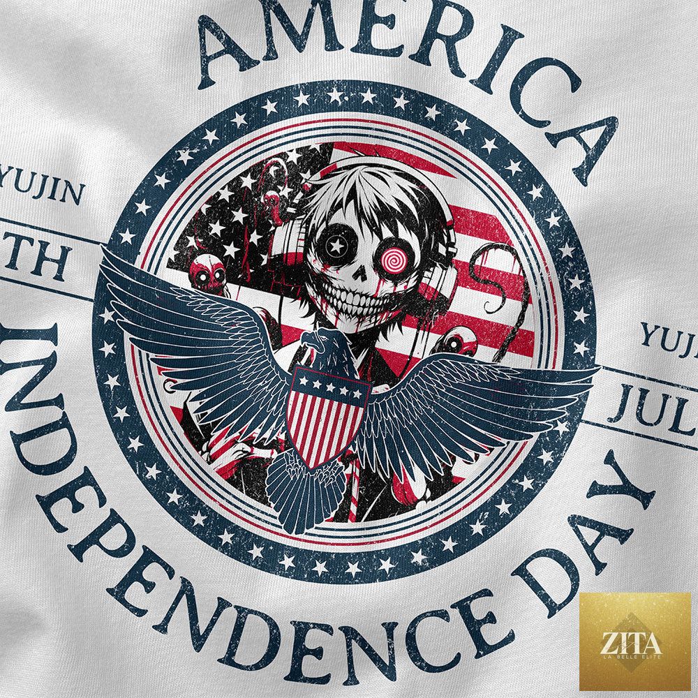 Close-up of Zita La Belle Elite Independence Day 4th July dark T-shirt with patriotic red, white, and blue design.